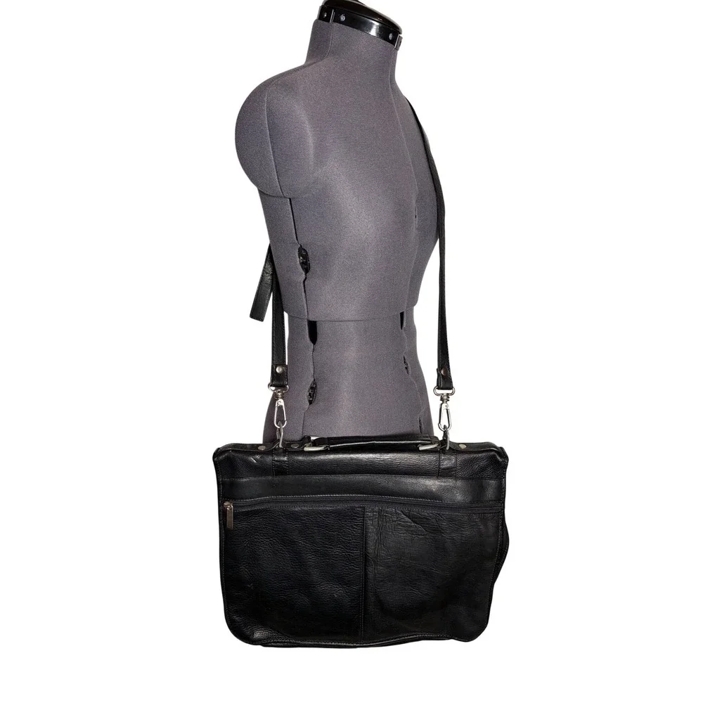 Vintage 90s Black Leather Messenger Unisex‎ Black Large Laptop Bag IMPERFECTIONS